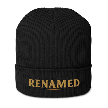 Renamed Organic Ribbed Beanie flat lay in Black, Old Gold embroidery